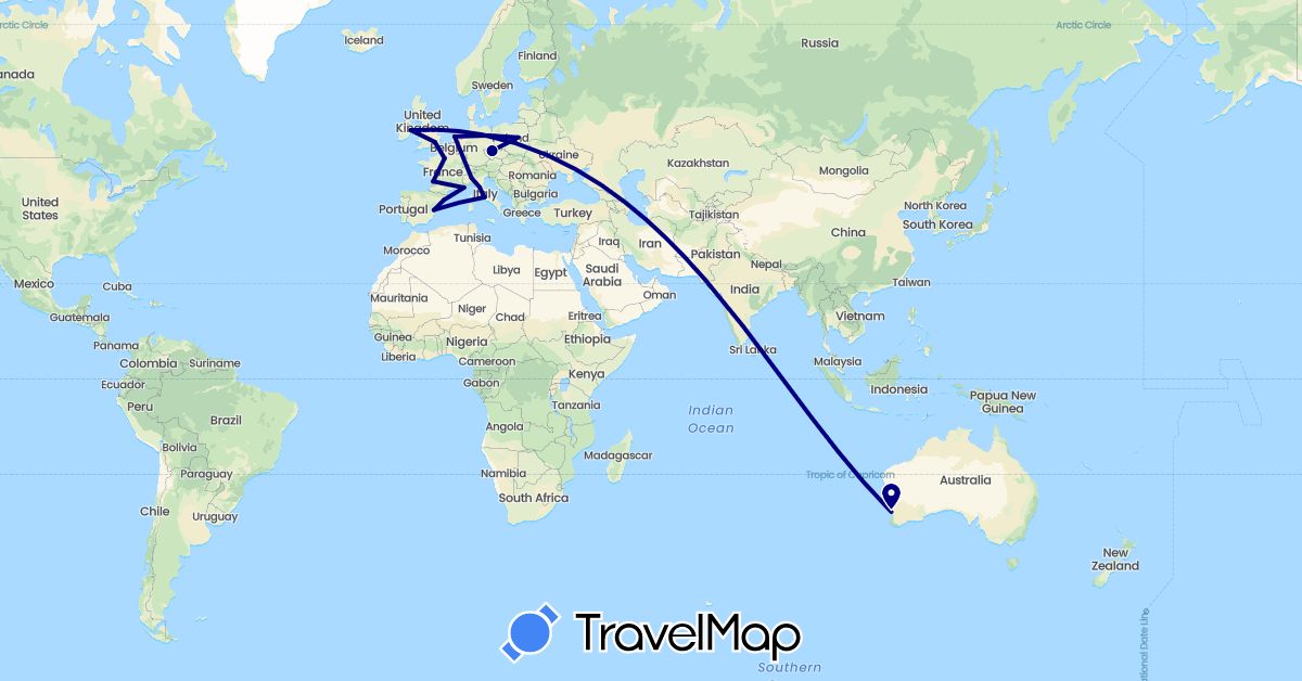 TravelMap itinerary: driving in Australia, Czech Republic, Germany, Spain, France, United Kingdom, Ireland, Italy, Netherlands, Poland (Europe, Oceania)